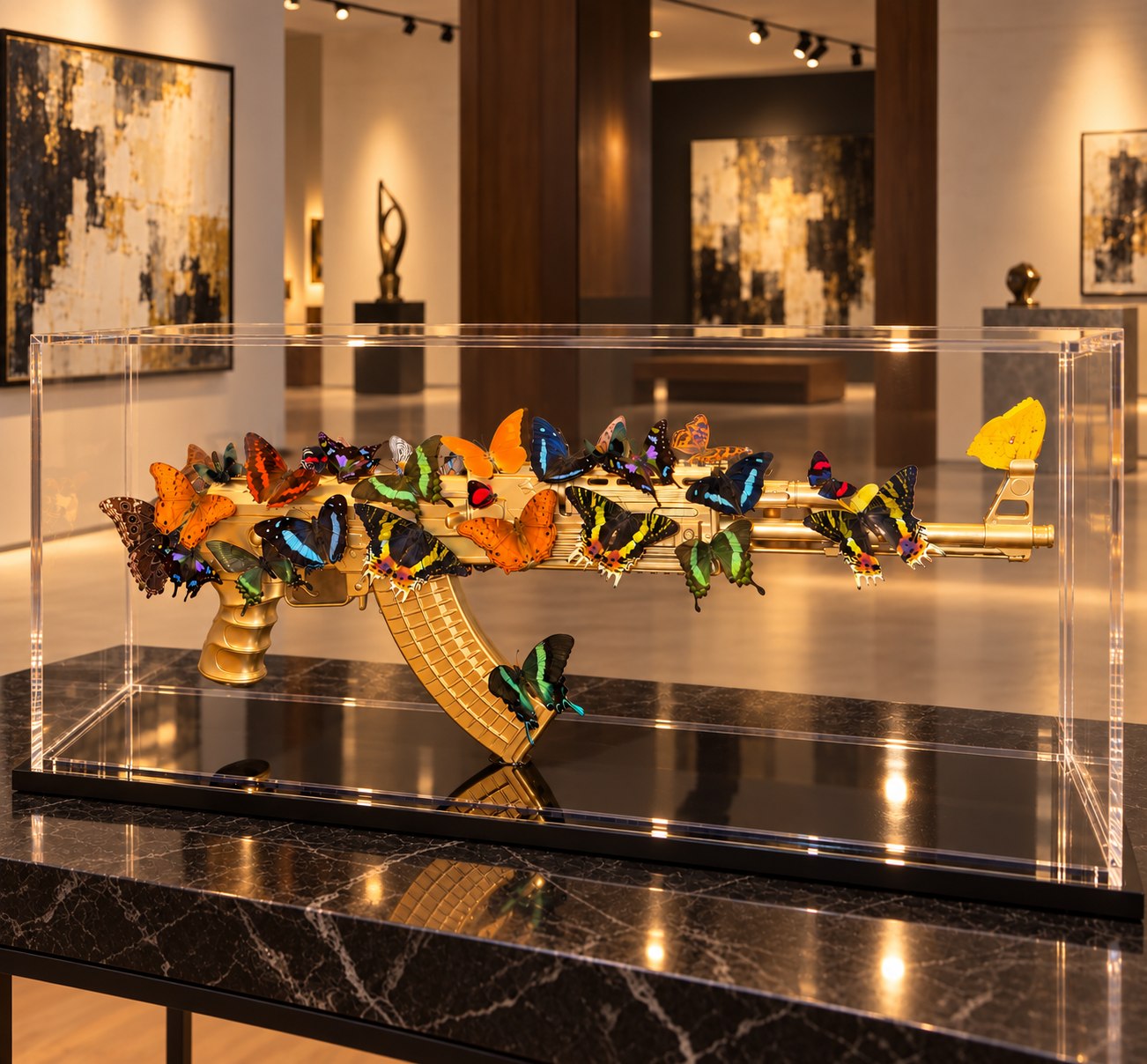 Gold piece covered in butterflies in its clear case on a black marble table in a gallery